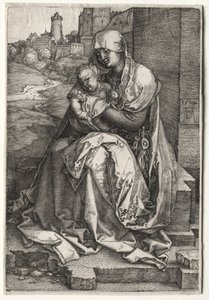 Neitsyt ja lapsi istuvat seinällä tekijältä Albrecht Dürer