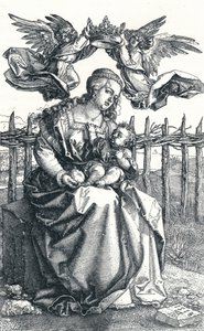 Kahden enkelin kruunattu Neitsyt ja lapsi, 1518, 1906 tekijältä Albrecht Dürer