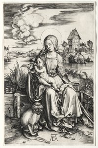 Neitsyt ja lapsi apinan kanssa, n. 1498. tekijältä Albrecht Dürer