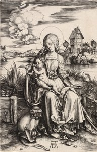 Neitsyt ja lapsi apinan kanssa, n. 1498. tekijältä Albrecht Dürer