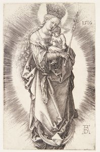 Neitsyt puolikuun päällä tähtien kruunulla ja valtikka tekijältä Albrecht Dürer