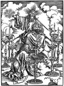 Näky seitsemästä kynttilänjalaasta Apokalypsista, 1498, 1936 tekijältä Albrecht Dürer