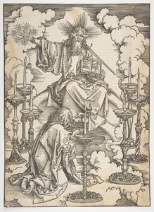 Seitsemän kynttilänjalan visio, The Apocalypse, saksankielinen painos 1498, n. 1498. tekijältä Albrecht Dürer