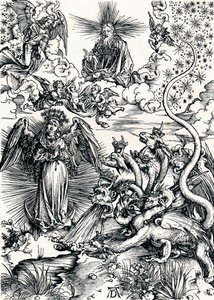 Nainen pukeutunut aurinkoon ja seitsenpäiseen lohikäärmeeseen, 1498 1906 tekijältä Albrecht Dürer