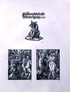 Kolme sivua Small Passion -sarjasta: (ylhäällä) otsikkosivu, jossa Kristus murheiden miehenä ja latinalainen kirjoitus; (vasemmalla) Karkotus paratiisista; (oikealla) Aatami ja Eeva, pub. 1511 tekijältä Albrecht Dürer