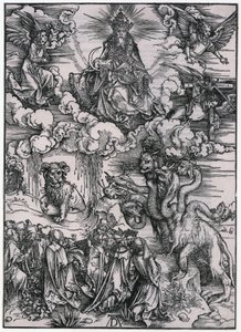 Lampaan sarvet omaava eläin, XI. kuva, sarjan ”Apokalypsi” sivu 13 tekijältä Albrecht Dürer