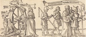 Aika ja kettu kääntämässä onnenpyörää kaikentasoisten ihmisten kanssa oikealle, luultavasti 1526. tekijältä Albrecht Dürer