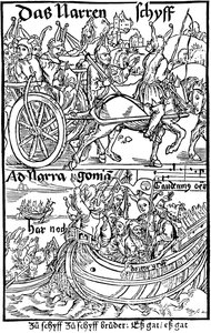 Sebastian Brantin Hullujen laivan painoksen nimisivu 1494. tekijältä Albrecht Dürer