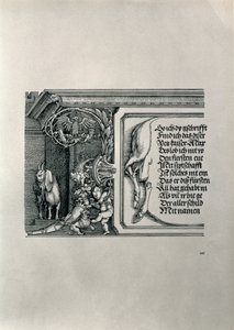 Saksan keisari Maximilian I:n riemukaari 1459-1519: yksityiskohta hirvennahasta, jossa on keisarin sukulaisuussuhteita ylistävä kaiverrus, ja luppakorvainen vuohi, joka on terävän kuulon symboli, kaikki tekijältä Albrecht Dürer