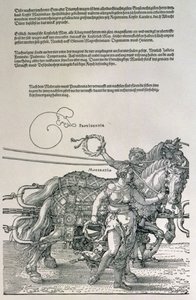 Saksan keisari Maximilian I:n voittovaunut (1459-1519): yksityiskohta hevosryhmistä, joita ohjaavat kaksi hyvettä, Providence ja Moderation, pubi. n. 1518 (puupiirros) tekijältä Albrecht Dürer