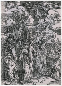 Neljä enkeliä, jotka pidättävät tuulet / Valittujen sinetöinti, V. kuva, sarjan ”Apokalypsi” 7. lehti tekijältä Albrecht Dürer