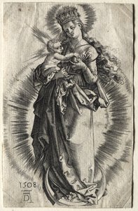 Neitsyt puolikuun päällä, tähtikruunu päässään tekijältä Albrecht Dürer