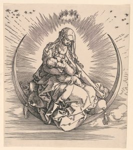 Neitsyt puolikuussa (Neitsyen elämän otsikkosivu) tekijältä Albrecht Dürer