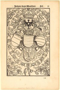 Maximilian I:n vaakuna Rooman kuninkaana [etupuoli]; Florian Waldaufin (Waldauff) von Waldensteinin vaakuna [takapuoli] tekijältä Albrecht Dürer