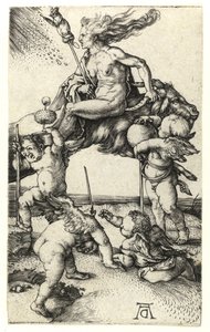 Noita ratsastaa taaksepäin vuohen selässä, n. 1505 tekijältä Albrecht Dürer