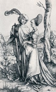Kuoleman uhkaama nuori pari" tai "Promenadi", 1495, 1906 tekijältä Albrecht Dürer