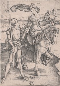 Nainen hevosen selässä ja Lansquenet tekijältä Albrecht Dürer