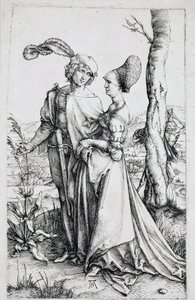 Pariskunta kävelemässä, puun takana piilossa olevan kuoleman katsellessa, kädessään tiimalasi). Kaiverrus Albrecht Durer (1471-1528) 1496-1498 Dim. 19x12 cm Berlin, kaiverruskaappi tekijältä Albrecht Dürer