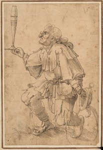 Groteski mies polvistumassa pitelee korkeaa olutlasia tyvessään tekijältä Albrecht Dürer