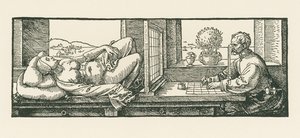 Mies piirtää makaavaa naista tekijältä Albrecht Dürer or Duerer