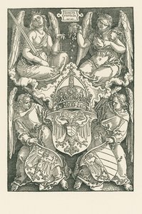 Allegoria, jossa on valtakunnan ja Nürnbergin kaupungin vaakuna. tekijältä Albrecht Dürer or Duerer