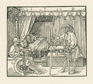Taiteilija piirtää istuvan miehen lasitasolle näkövakaimen läpi. tekijältä Albrecht Dürer or Duerer