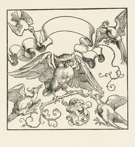 Pöllö neljän muun linnun kimppuun hyökkäämässä, noin 1515 (puupiirros). tekijältä Albrecht Dürer or Duerer