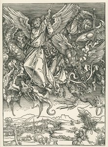 Arkkienkeli Mikael taistelee lohikäärmettä vastaan. Johanneksen ilmestys, noin 1498 (puupiirros). tekijältä Albrecht Dürer or Duerer
