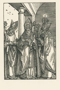 Piispa Pyhä Nikolaus, pyhät Ulrich ja Erasmus, noin 1505 (puupiirros). tekijältä Albrecht Dürer or Duerer