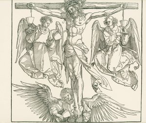 Kristus ristillä kolmen enkelin kanssa, noin 1513 (puupiirros). tekijältä Albrecht Dürer or Duerer
