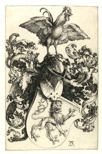 Vaakuna, jossa leijona ja kukko. 1502-03 tekijältä Albrecht Dürer