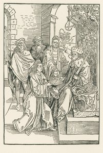 Conrad Celtes luovuttaa Roswitha-komedioiden painoksensa Saksin kruununvouti Fredrikille. tekijältä Albrecht Dürer or Duerer
