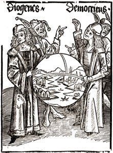 Diogenes (-413 - -327) ja Demokritos (-460 - -370) - Sébastien Brandtin (1458 - 1521) teoksessa "Das Narrenschif (Tyhmien vene)". Kaiverrus. tekijältä Albrecht Dürer