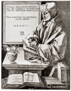 Erasmus kirjoitukseensa - Albrecht Durerin kaiverrus, jäljennetty 1900-luvun alussa. tekijältä Albrecht Dürer