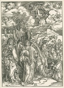 Neljä enkeliä pysäyttää tuulet ja valittujen allekirjoittaminen. Johanneksen ilmestys, noin 1497-98 (puupiirros). tekijältä Albrecht Dürer or Duerer