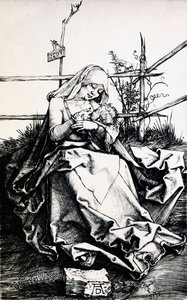 Madonna ja lapsi aidassa (kaiverrus kupariin) tekijältä Albrecht Dürer