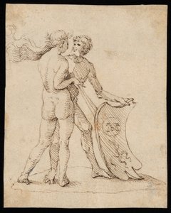 Alaston nainen ja mies kilven kanssa, jossa on Willibald Pirckheimerin vaakuna tekijältä Albrecht Dürer