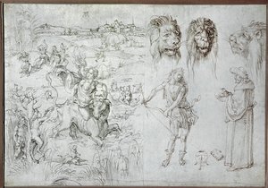 Euroopan raiskaus, leijonanpäitä, jousimies, tietäjä, pääkallo (piirros) tekijältä Albrecht Dürer or Duerer