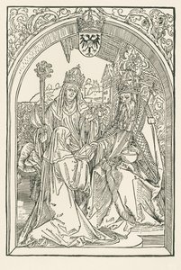 Roswitha esittelee teoksensa keisari Otto I:lle veljentyttärensä Gerban, Gandersheimin abbedissa, läsnä ollessa. tekijältä Albrecht Dürer or Duerer