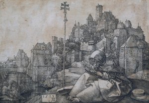 Pyhä Antonius istuu kaupungin edessä - Albrecht Durerin kuparikaiverrus (1471-1528) tekijältä Albrecht Dürer