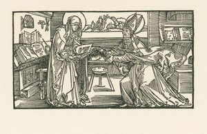 Pyhä Birgitta kammiossaan luovuttamassa työtään piispalle. tekijältä Albrecht Dürer or Duerer