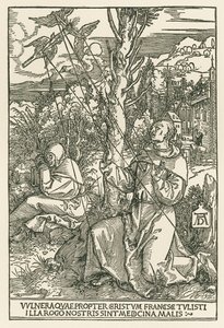 Pyhä Fransiskus vastaanottaa stigmat, noin 1503-04 (puupiirros). tekijältä Albrecht Dürer or Duerer
