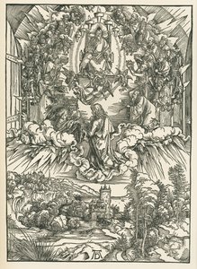 Pyhä Johannes Jumalan ja taivaassa olevien kahdenkymmenenneljän vanhimman edessä. Johanneksen ilmestys, noin 1496 (puupiirros). tekijältä Albrecht Dürer or Duerer