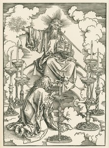 Pyhän Johanneksen näky Kristuksesta ja seitsemästä kynttilänjalasta. Johanneksen ilmestys, n. 1496-98 (puupiirros). tekijältä Albrecht Dürer or Duerer