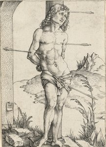 Pyhä Sebastián sidottu sarakkeeseen, n. 1499 tekijältä Albrecht Dürer