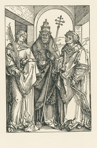 Pyhät Stefanus, Sixtus ja Lawrence, noin 1504-05 (puupiirros). tekijältä Albrecht Dürer or Duerer