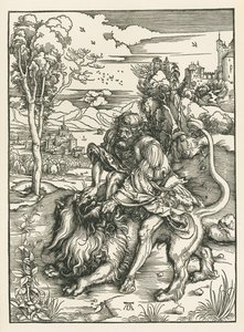 Simson tappaa leijonan, noin 1497-98 (puupiirros). tekijältä Albrecht Dürer or Duerer