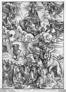 Kohtaus Apokalypsista, Seitsenpäinen ja kymmenensarviinen lohikäärme (puupiirros) (m/v kuva) tekijältä Albrecht Dürer