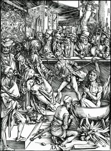 Pyhää Johannesta evankelistaa kidutetaan kiehuvassa öljytynnyrissä, Apocalypse-sarjasta tekijältä Albrecht Dürer