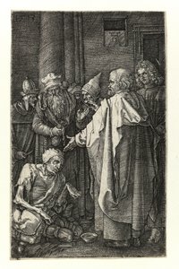 Pyhä Pietari ja Pyhä Johannes parantavat raajakoja temppelin portilla tekijältä Albrecht Dürer